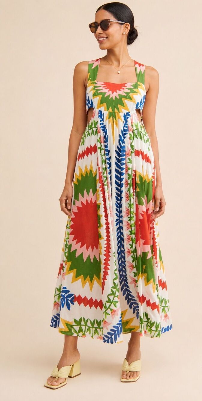 Anthropologie Incerti Colorful Geometric Cutout Smocked Cotton Maxi Dress, Lrg $